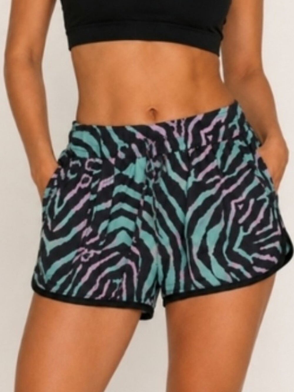 Roberto Cavalli Black Sports Bra with Aqua & Lilac Zebra-Print Shorts